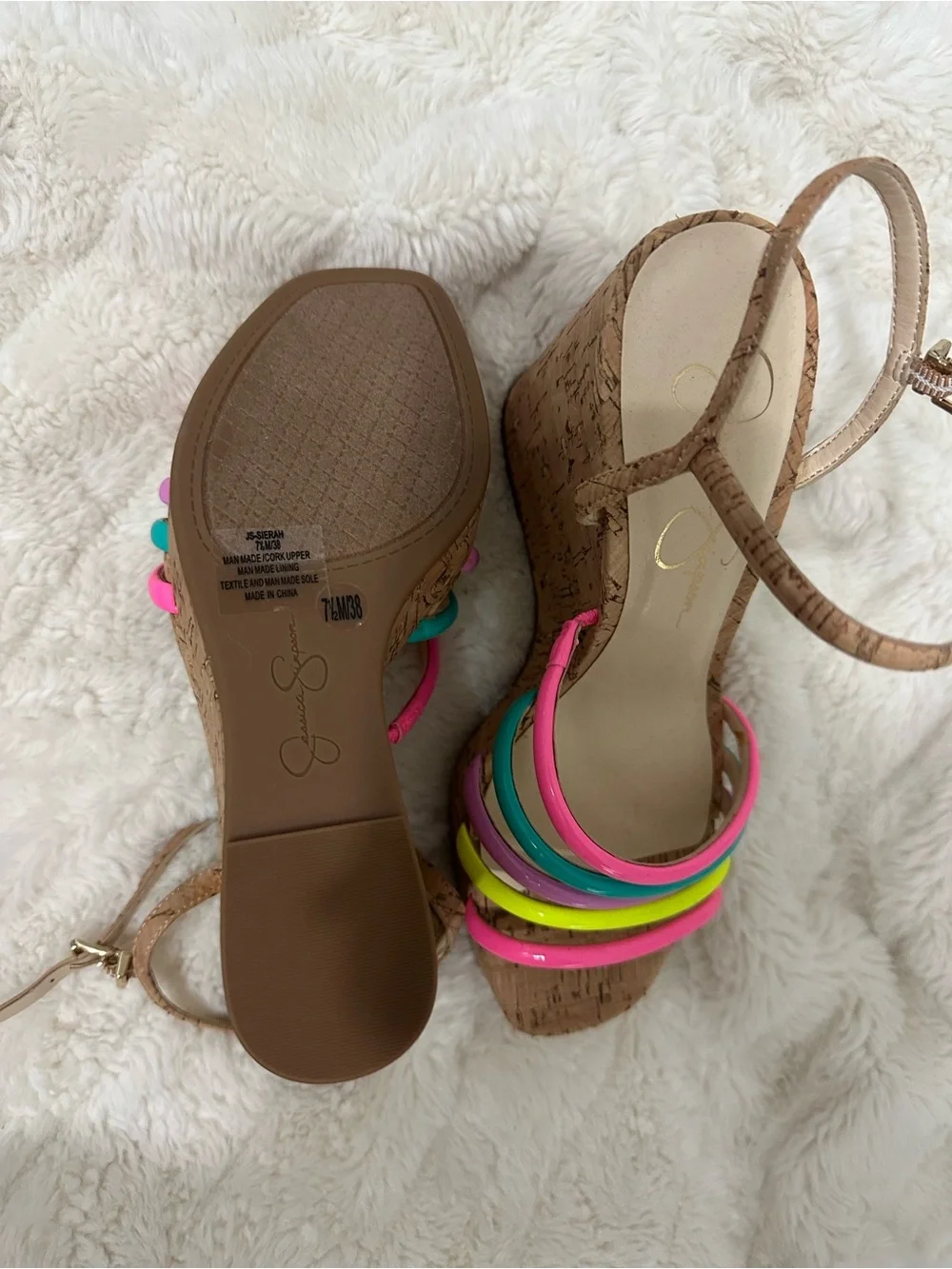 Jessica Simpson Neon Multi-Strip Cork Wedge Sandals